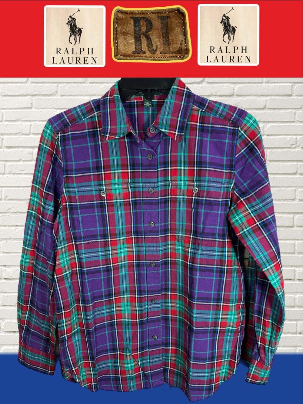 Lauren Ralph Lauren Plaid Long Sleeve Button Up Shirt Size Small Purple Green